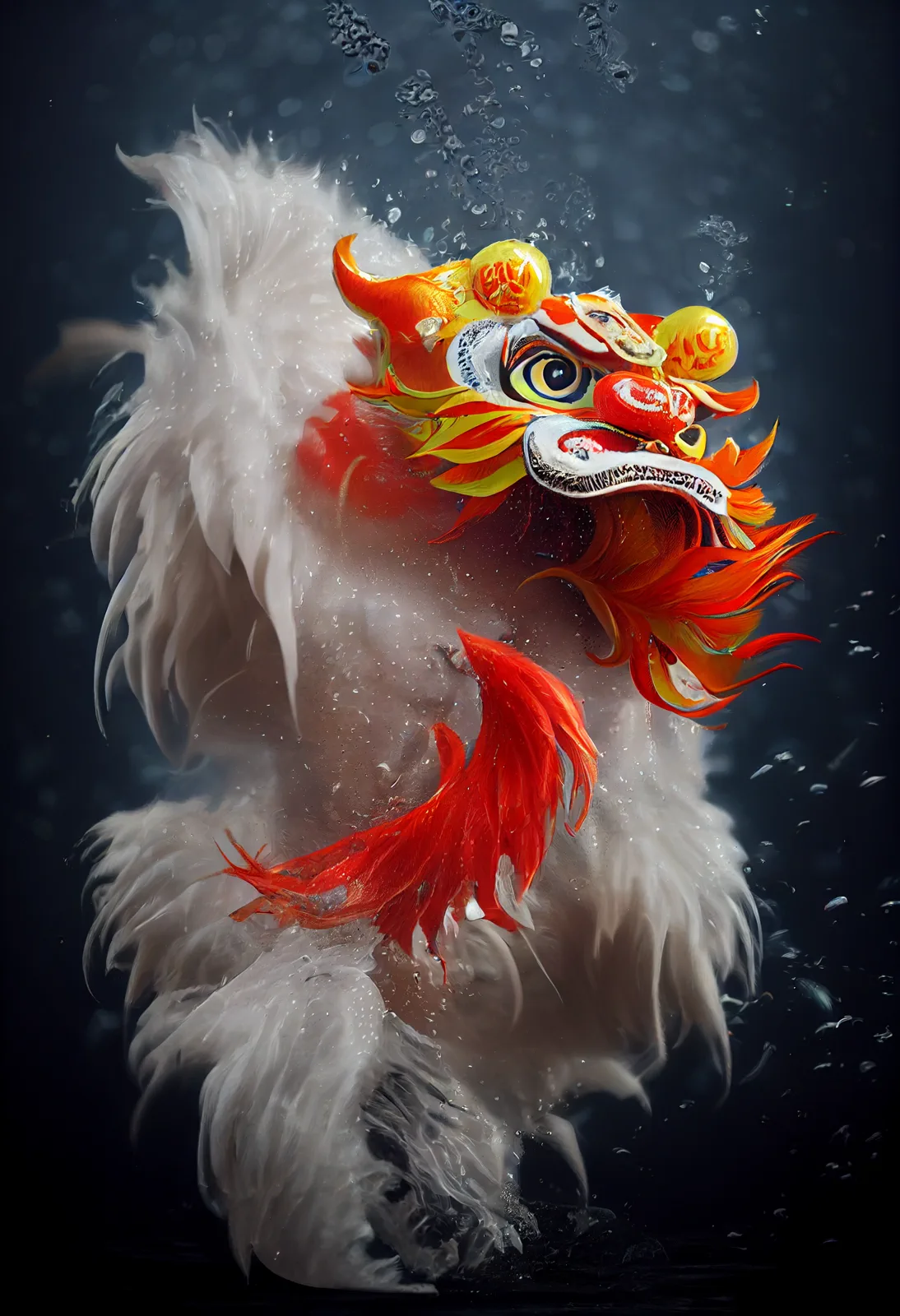 Expressive red and white lion dance character emerging through water