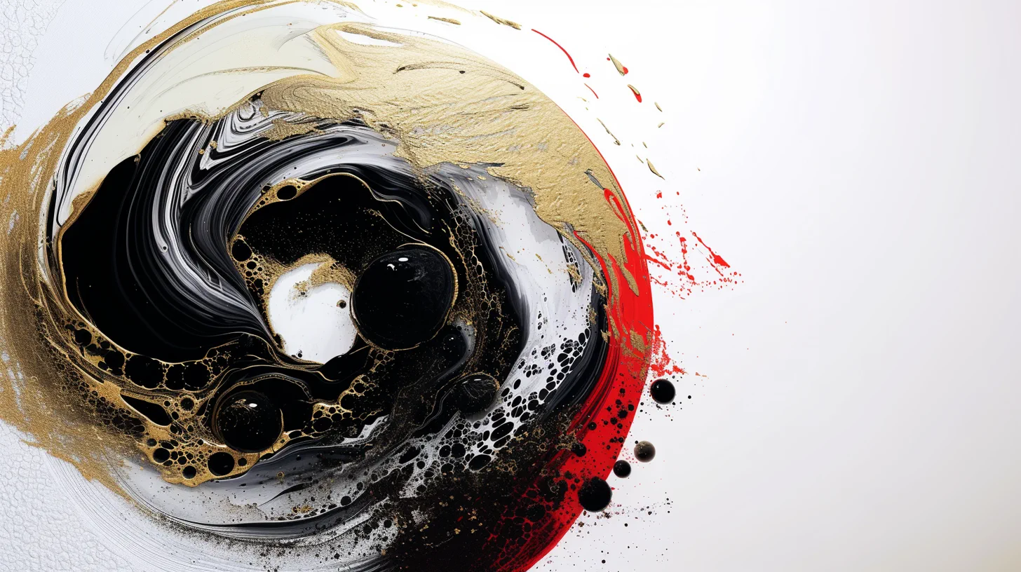 Abstract black, gold, white, and red ink composition